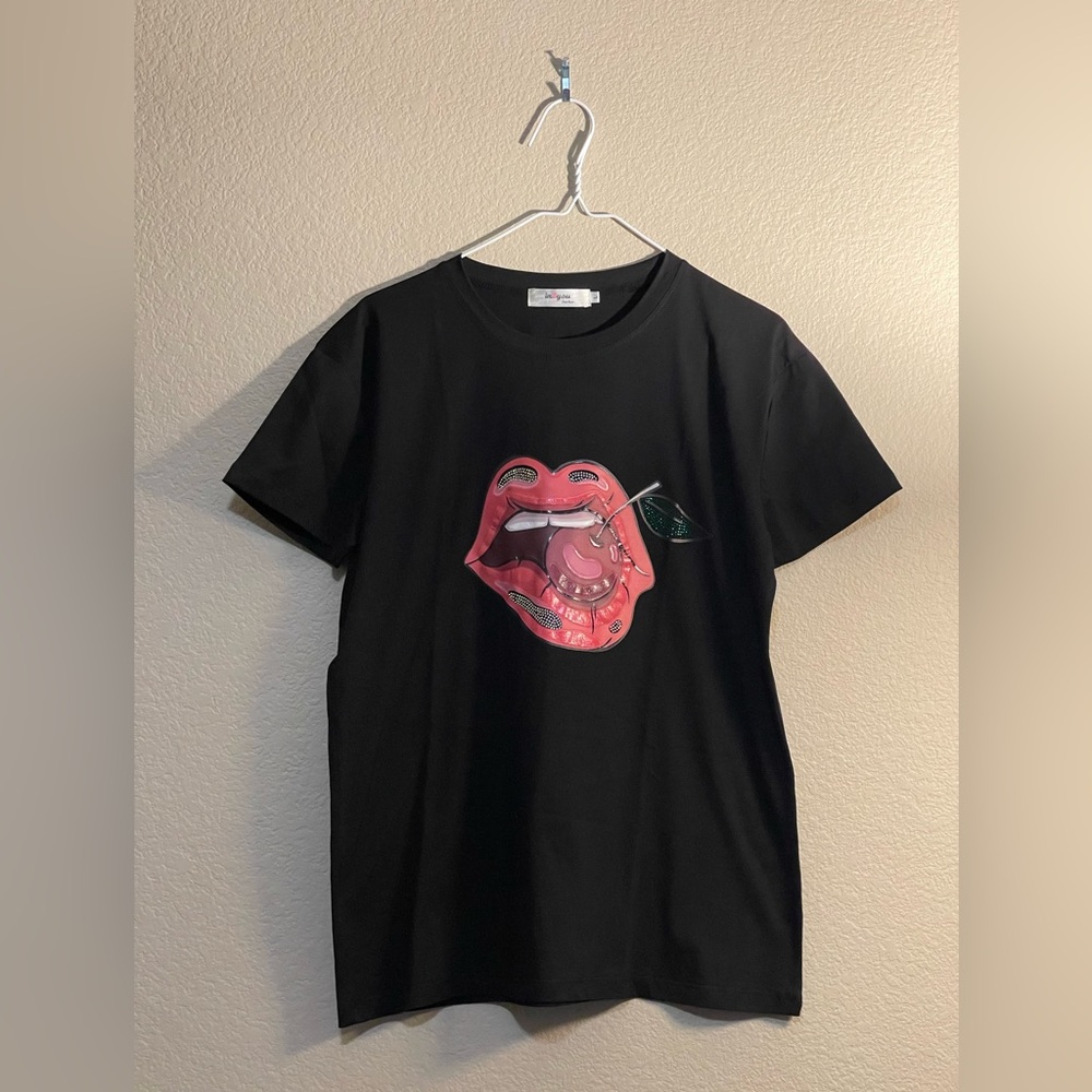 Black Graphic Tee with Pink Lip & Cherry Design